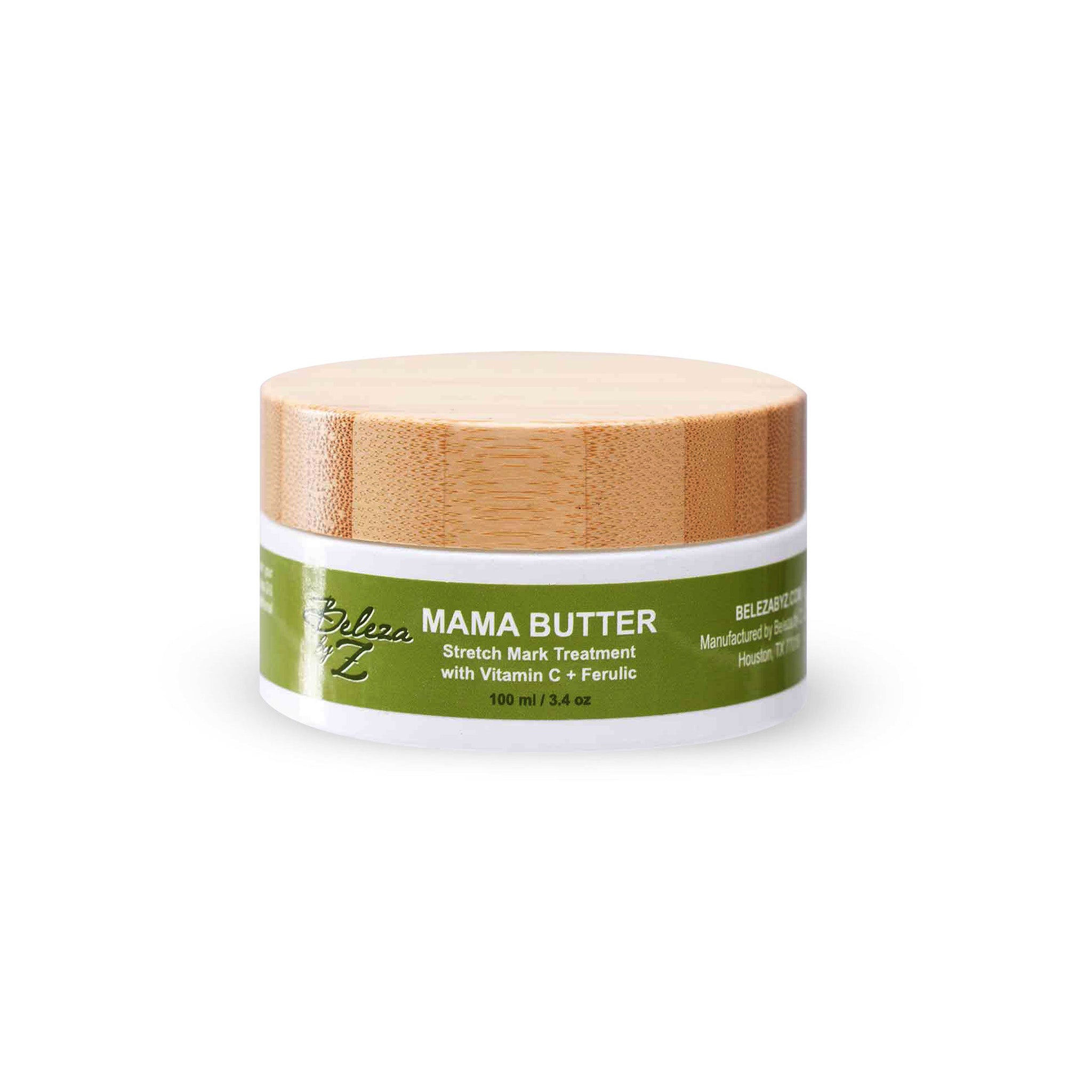 Mama Butter Stretch mark treatment formulated with organic butters, botanicals and antioxidants vitamin C and ferulic acid to help moisturize your growing belly, breasts, hips, and buttocks during pregnancy.