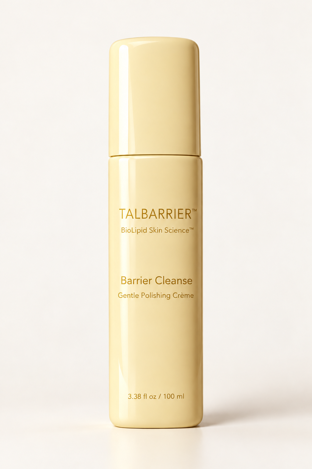 Pale yellow glass bottle of TALBARRIER luxury barrier repair skincare for sensitive skin 