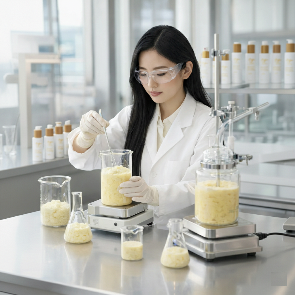 Scientist working in a laboratory testing Beleza by Z tallow skincare with various beakers and equipment.
